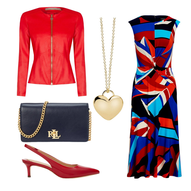 Outfit donna - Spaziocolore. per Serata fuori. Abbinamento con collane, giacche, vestiti, décolleté, borse a mano.