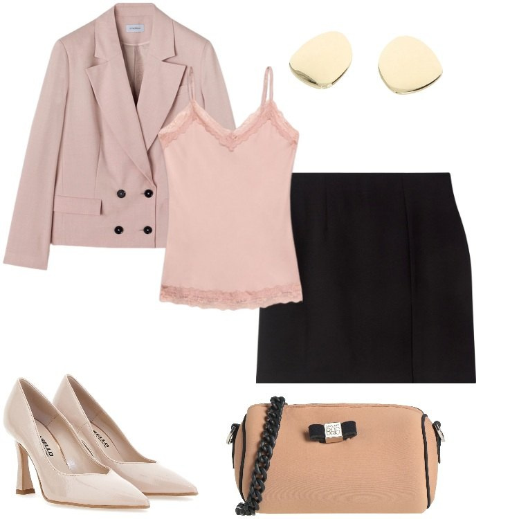 Outfit donna - Tailleur spezzato. Stile Chic per Cerimonia. Abbinamento con borse a tracolla, minigonne, orecchini, décolleté, top, blazer.