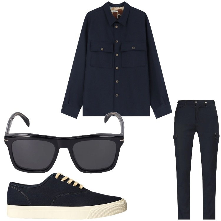 Outfit uomo - Black urban. Stile Urban per Tutti i giorni. Abbinamento con pantaloni cargo, camicie, sneakers, occhiali da sole.