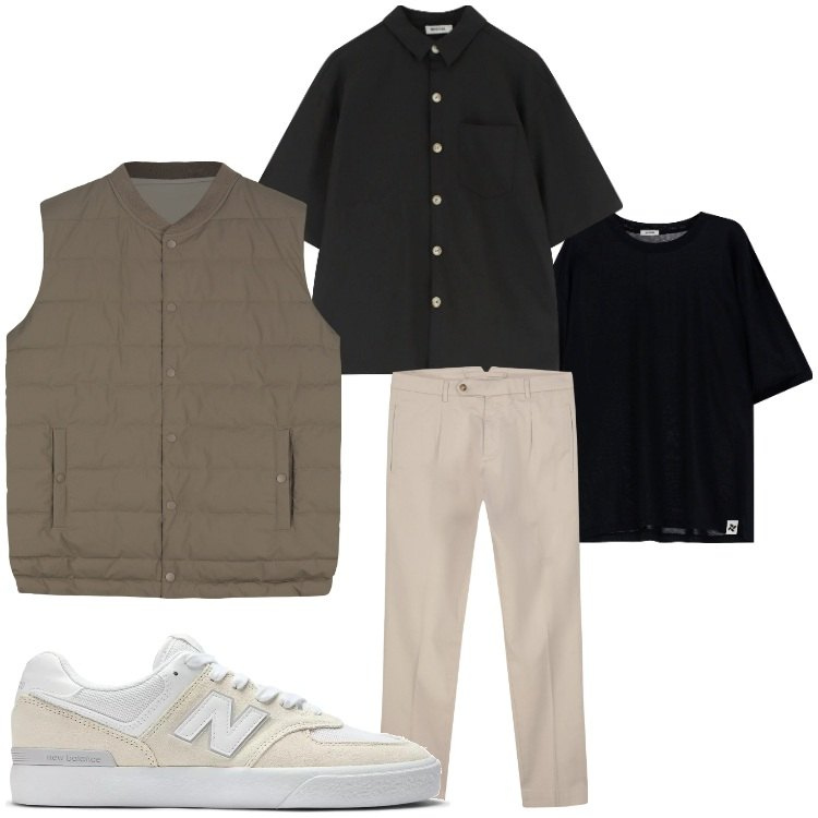 Outfit uomo - Layering. Stile Casual per Tutti i giorni. Abbinamento con sneakers, camicie a manica corta, t-shirt, gilet, pantaloni.