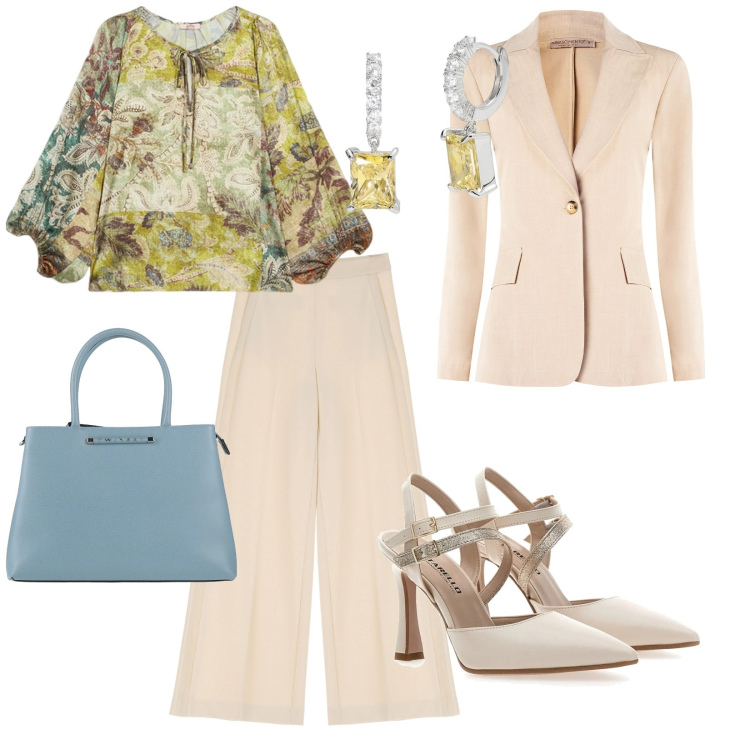 Outfit donna - Cerimonia di mattina. per Cerimonia. Abbinamento con borse a mano, orecchini, blazer, pantaloni a palazzo, décolleté, bluse.