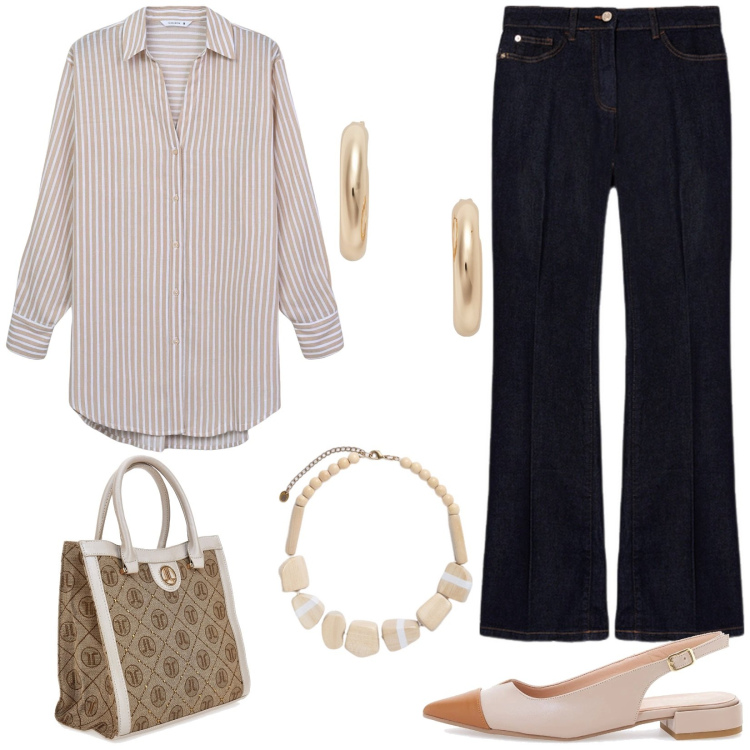 Outfit donna - Easy look per tutti i giorni. Stile Casual chic per Tutti i giorni. Abbinamento con camicie, orecchini, ballerine, jeans, collane, borse a spalla.