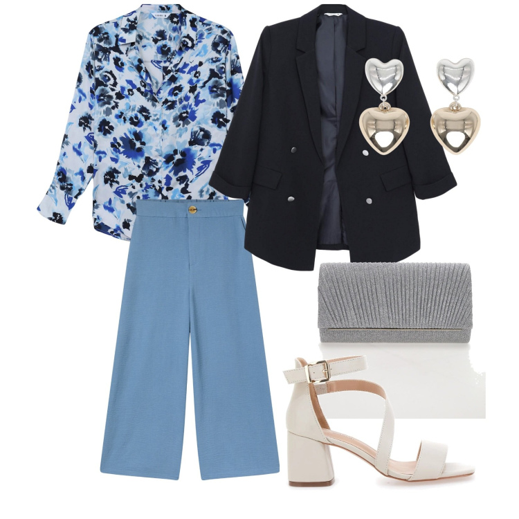 Outfit donna - Cresima. per Cerimonia. Abbinamento con pantaloni a palazzo, camicie, orecchini, blazer, sandali col tacco, pochette.