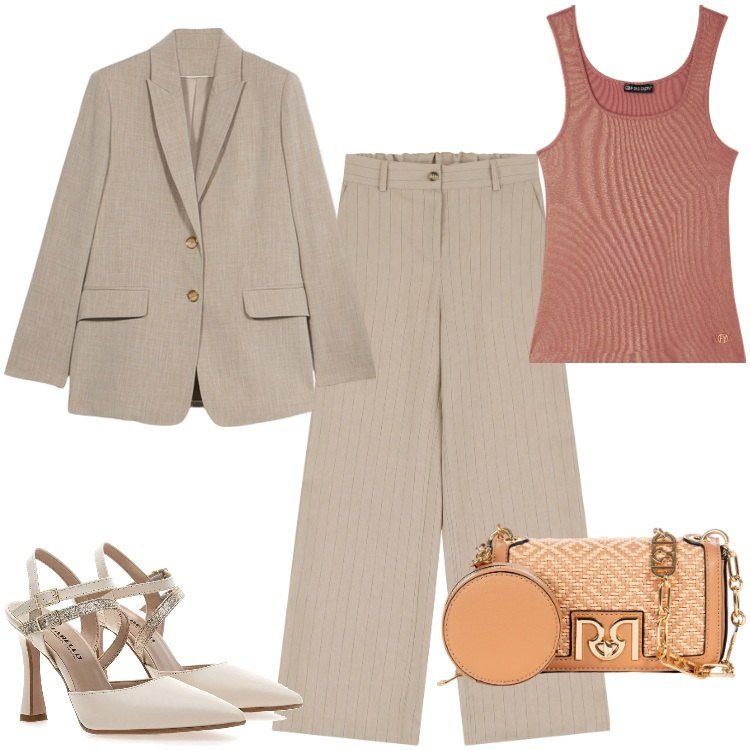 Outfit donna - Tailleur con pantaloni gessati. Stile Chic per Cerimonia. Abbinamento con borse a tracolla, canottiere, pantaloni a palazzo, décolleté, blazer.