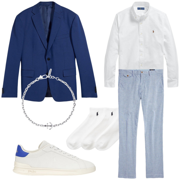 Outfit uomo - Brunch in barca. Stile Trendy per Tutti i giorni. Abbinamento con giacche, braccialetti, camicie, calzini, sneakers, pantaloni.