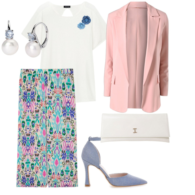 Outfit donna - Evento in famiglia. per Cerimonia. Abbinamento con orecchini, blazer, pochette, pantaloni a palazzo, t-shirt, décolleté.