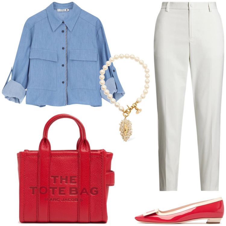 Outfit donna - Fashionista. Stile Casual chic per Tutti i giorni. Abbinamento con camicie, pantaloni, borse a tracolla, ballerine, collane.