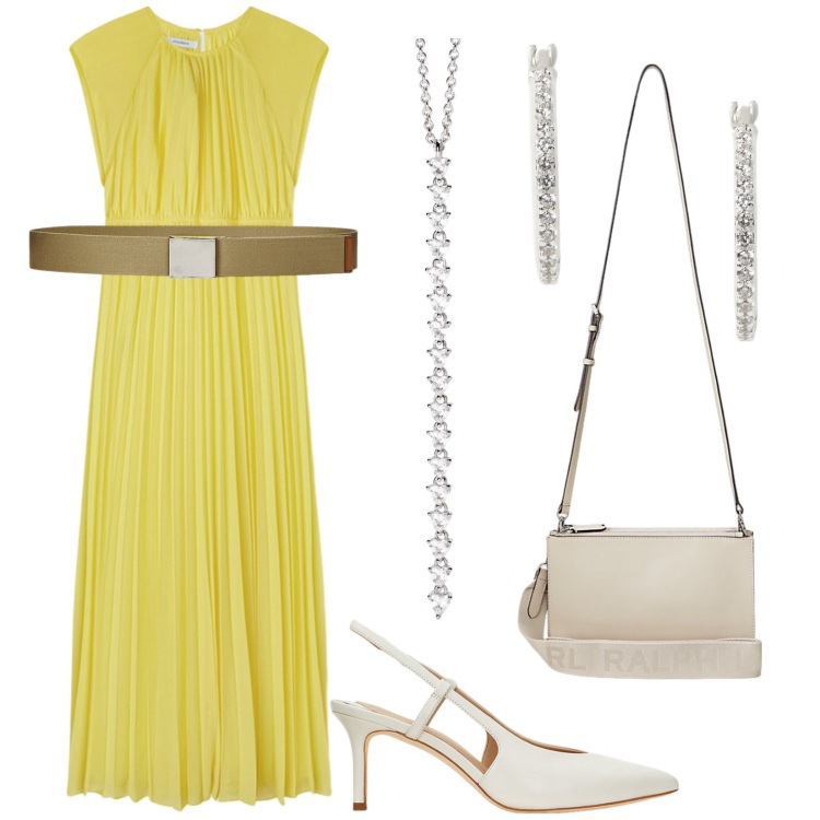 Outfit donna - Stilosa per la cerimonia. Stile Glamour per Cerimonia. Abbinamento con ciondoli, borse a tracolla, orecchini, cinture, décolleté, vestiti lunghi.