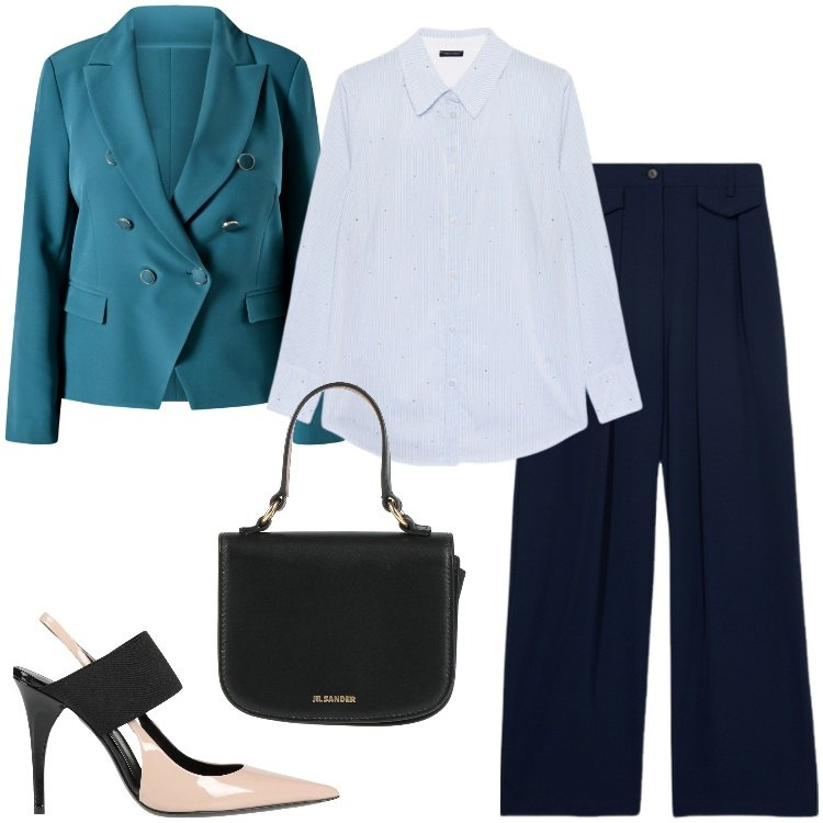 Outfit donna - Giacca verde reale. Stile Chic per Ufficio. Abbinamento con décolleté, borse a mano, blazer, camicie, pantaloni a palazzo.