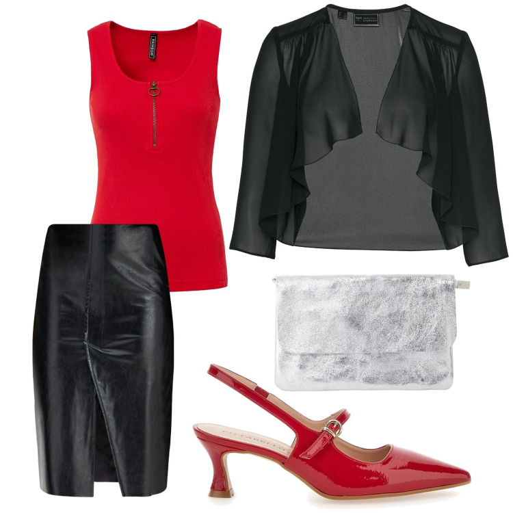 Outfit donna - Serata skin. Stile Minimal per Serata fuori. Abbinamento con gonne, bolero, top, borse a tracolla, décolleté.
