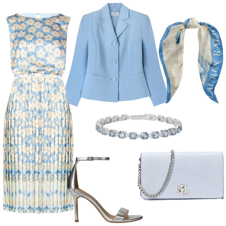 Outfit donna - L\'abito midi perfetto per una cerimonia. Stile Chic per Cerimonia. Abbinamento con vestiti midi/longuette, braccialetti, sandali in pelle, foulard, borse a tracolla, blazer.