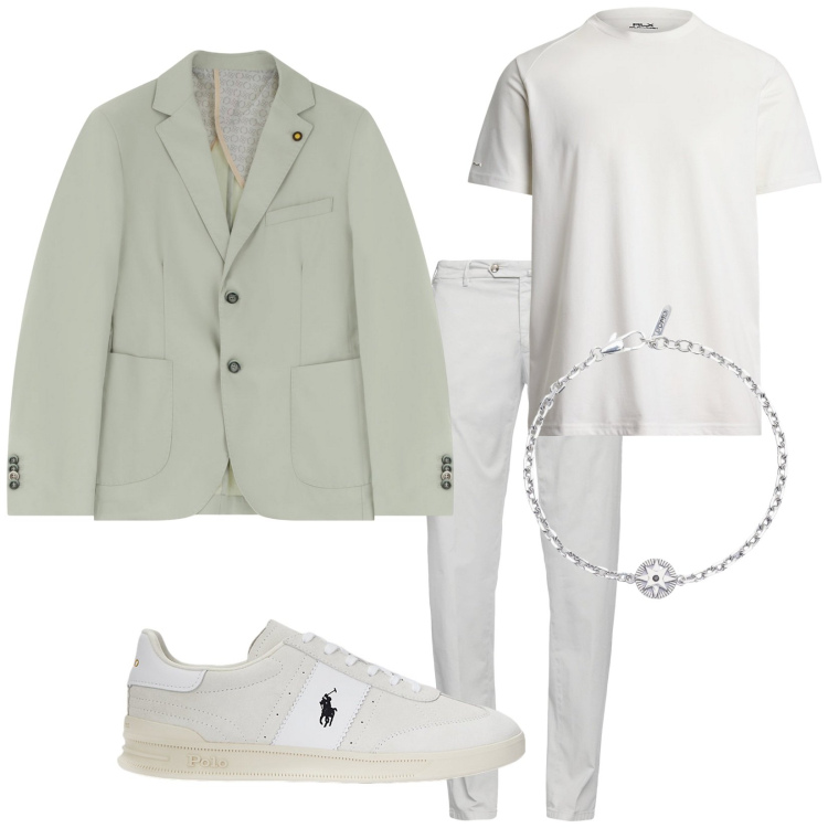Outfit uomo - Verde acqua. Stile Trendy per Tutti i giorni. Abbinamento con pantaloni chino, braccialetti, giacche, sneakers, t-shirt.