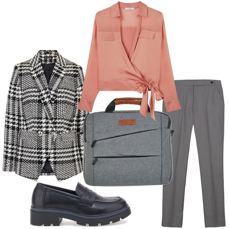 Outfit donna - English style. Stile Glamour per Ufficio. Abbinamento con blazer, mocassini, camicie, borse a mano, pantaloni.