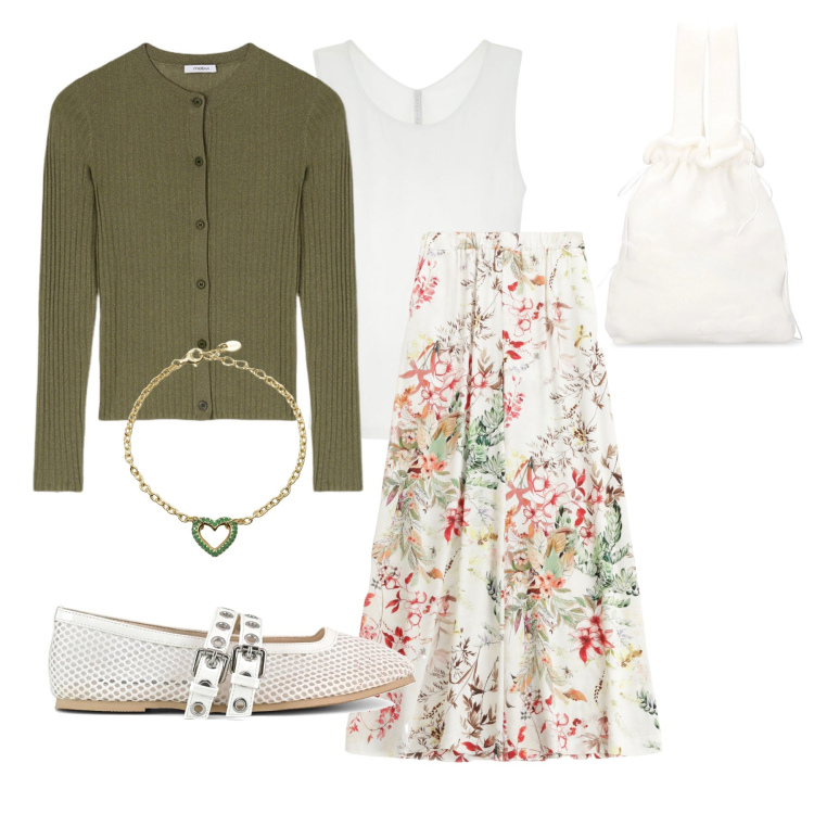 Outfit donna - Romantica primavera. Stile Romantica per Tutti i giorni. Abbinamento con braccialetti, canottiere, pantaloni, ballerine, borse a mano, cardigans.