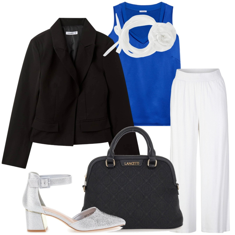 Outfit donna - Work glamour. Stile Glamour per Ufficio. Abbinamento con pantaloni, collane, blazer, top, décolleté, borse a spalla.