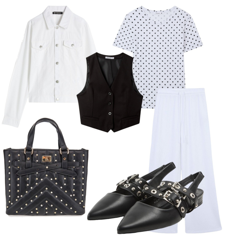 Outfit donna - Urban style. Stile Casual chic per Tutti i giorni. Abbinamento con pantaloni, t-shirt, sabot, gilet, blazer, borse a mano.