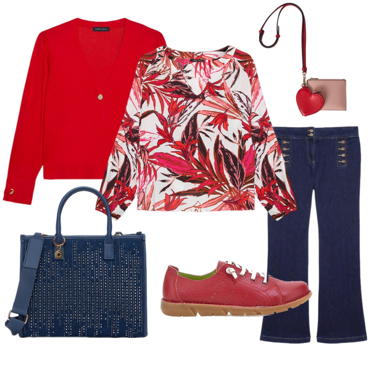 Outfit donna - Red passion. Stile Casual per Tutti i giorni. Abbinamento con scarpe stringate, bluse, jeans, cardigans, borse a mano, portafogli.