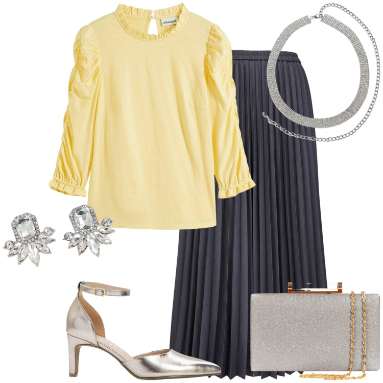 Outfit donna - Cerimonia easy. Stile Chic per Cerimonia. Abbinamento con maglieria, décolleté, cinture, clutch, orecchini, gonne longuette.