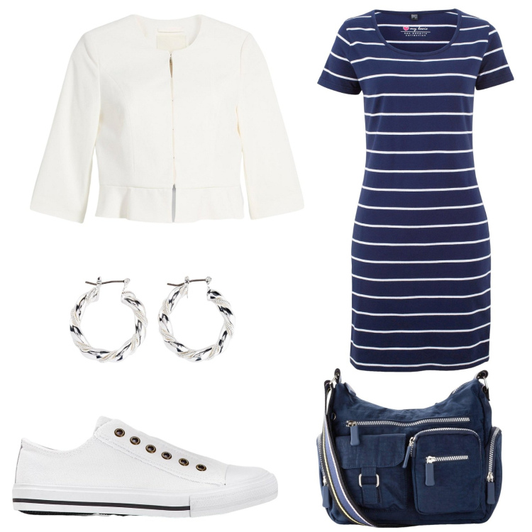 Outfit donna - City. Stile Casual per Tutti i giorni. Abbinamento con vestiti, borse a tracolla, blazer, sneakers, orecchini.