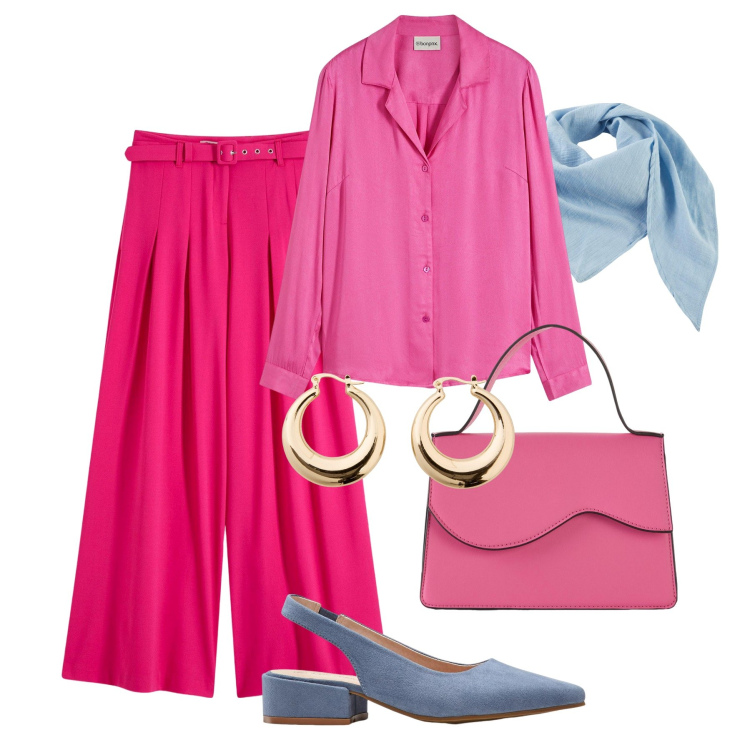 Outfit donna - Sfumature fucsia in ufficio. Stile Glamour per Ufficio. Abbinamento con camicie, décolleté, pantaloni, orecchini, foulard, borse a tracolla.