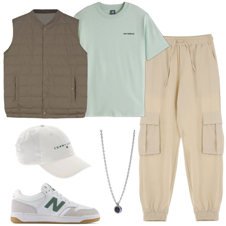 Outfit uomo - Comodamente trendy. Stile Casual per Tutti i giorni. Abbinamento con collane, sneakers, t-shirt, pantaloni cargo, gilet, cappelli.
