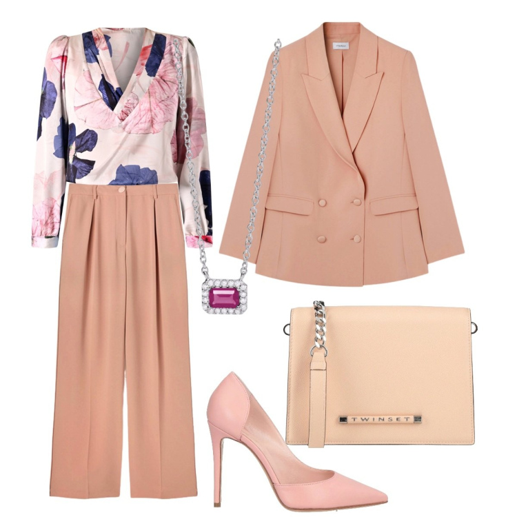 Outfit donna - Invito a pranzo. Stile Bon Ton per Tutti i giorni. Abbinamento con borse a tracolla, décolleté, collane, bluse, blazer, pantaloni a palazzo.