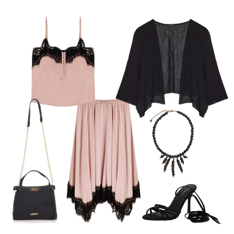 Outfit donna - Romantica in Nero e Cipria. Stile Romantica per Serata fuori. Abbinamento con sandali alla schiava, bolero, borse a tracolla, gonne, top, collane.