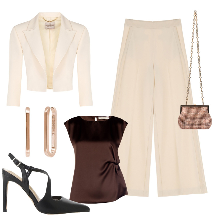 Outfit donna - Total look #2121105. Abbinamento con pantaloni a palazzo, décolleté, orecchini, top, bolero, clutch.