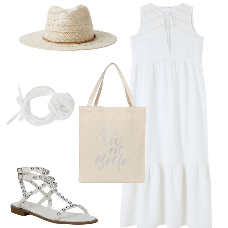 Outfit donna - Vacanza con Terranova. Stile Boho per Mare. Abbinamento con vestiti, borse tote, cappelli, collane, sandali.