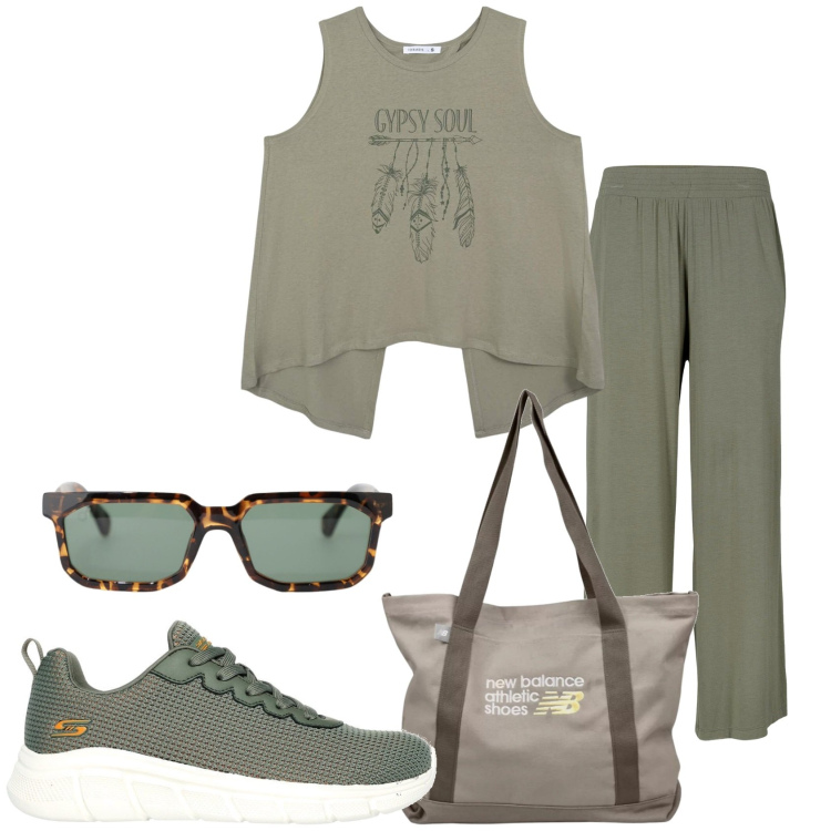 Outfit donna - Sportiva nel tempo bello. Stile Sporty chic per Tutti i giorni. Abbinamento con pantaloni, canottiere, shopping bag, occhiali da sole, sneakers.