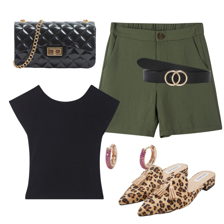 Outfit donna - Total look #2121114. per Tutti i giorni. Abbinamento con t-shirt, borse a tracolla, sabot, bermuda, cinture, orecchini.