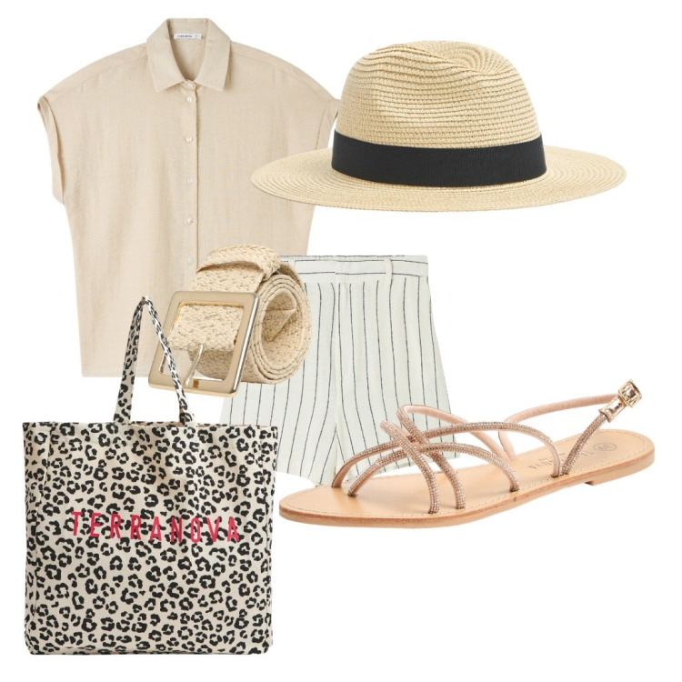 Outfit donna - Sun in the air. Stile Casual per Tutti i giorni. Abbinamento con sandali, cappelli, bermuda, shopping bag, camicie a manica corta, cinture.