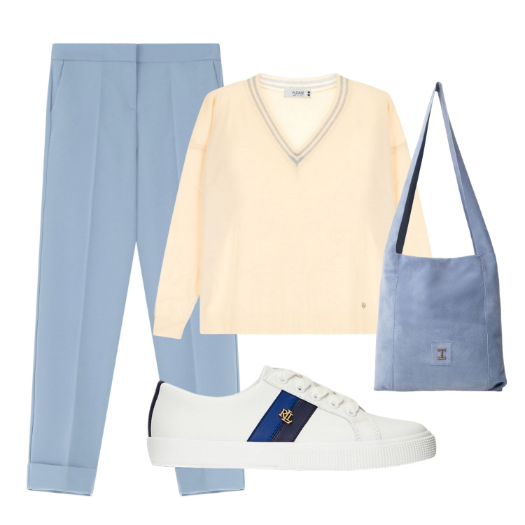 Outfit donna - Magione metropolitano. Stile Urban per Tutti i giorni. Abbinamento con pantaloni, maglieria, borse a tracolla, sneakers.