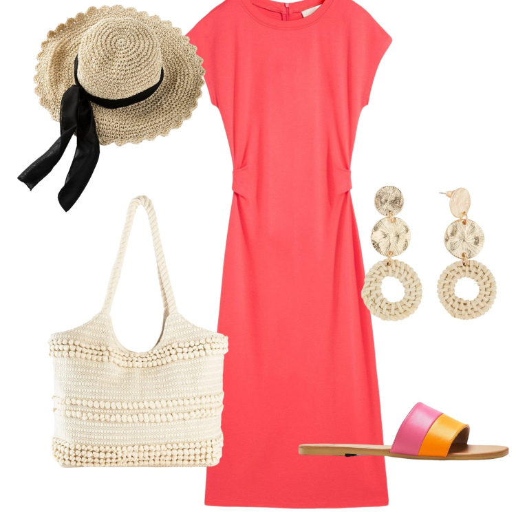 Outfit donna - Summer Bonprix. Stile Minimal per Mare. Abbinamento con shopping bag, ciabatte, cappelli, vestiti, orecchini.