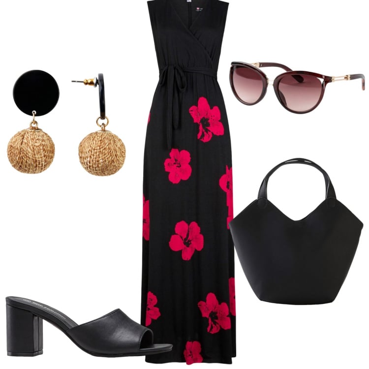 Outfit donna - Summer Bonprix. Stile Romantica per Serata fuori. Abbinamento con vestiti, ciabatte, orecchini, occhiali da sole, borse a mano.