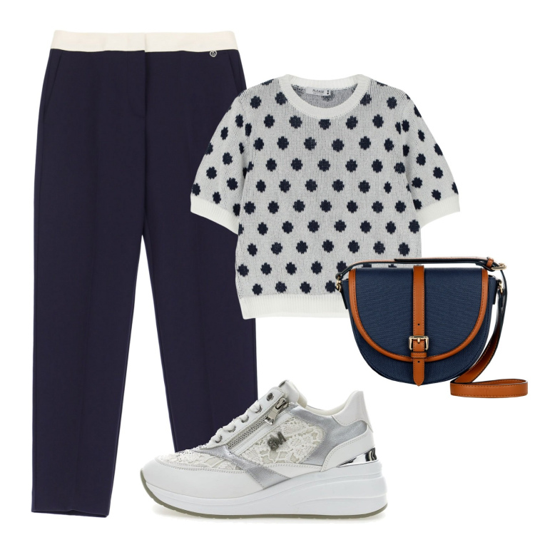 Outfit donna - Ufficio in bianco e blu. Stile Casual chic per Ufficio. Abbinamento con borse a tracolla, maglieria, pantaloni, scarpe stringate.