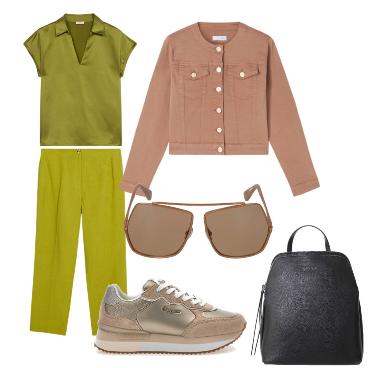Outfit donna - Tempo Libero. Stile Casual chic per Tutti i giorni. Abbinamento con zaini, sneakers, blazer, pantaloni, occhiali da sole, t-shirt.
