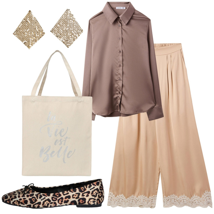 Outfit donna - Terranova vacanze italiane. Stile Glamour per Tutti i giorni. Abbinamento con pantaloni a palazzo, borse tote, camicie, orecchini, ballerine.