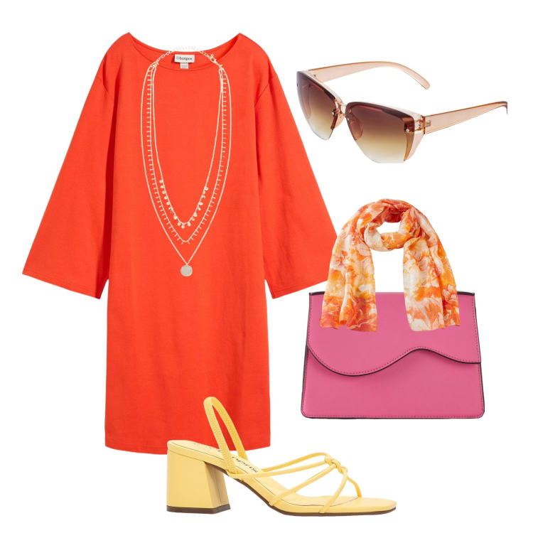 Outfit donna - Colorata in città. Stile Trendy per Tutti i giorni. Abbinamento con collane, occhiali da sole, sandali col tacco, vestiti corti, borse a tracolla, sciarpe.