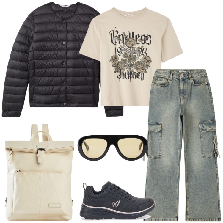 Outfit donna - Urban. Stile Urban per Scuola/Università. Abbinamento con zaini, t-shirt, piumini, jeans, occhiali da sole, sneakers.