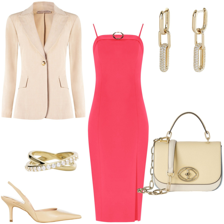 Outfit donna - L\'abito midi perfetto per una cerimonia. Stile Chic per Cerimonia. Abbinamento con orecchini, anelli, blazer, décolleté, vestiti midi/longuette, borse a tracolla.
