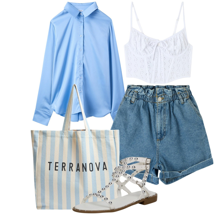 Outfit donna - Terranova vacanze italiane. Stile Casual chic per Tutti i giorni. Abbinamento con top, camicie, shorts, borse tote, sandali.