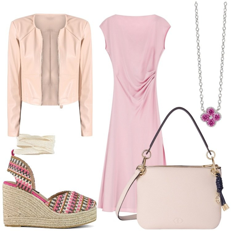 Outfit donna - Rock chic. Stile Casual chic per Serata fuori. Abbinamento con collane, giacche, vestiti lunghi, zeppe, borse a tracolla.