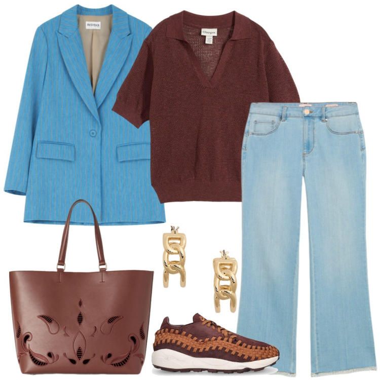 Outfit donna - In jeans. Stile Casual chic per Tutti i giorni. Abbinamento con polo, blazer, orecchini, sneakers, shopping bag, jeans.