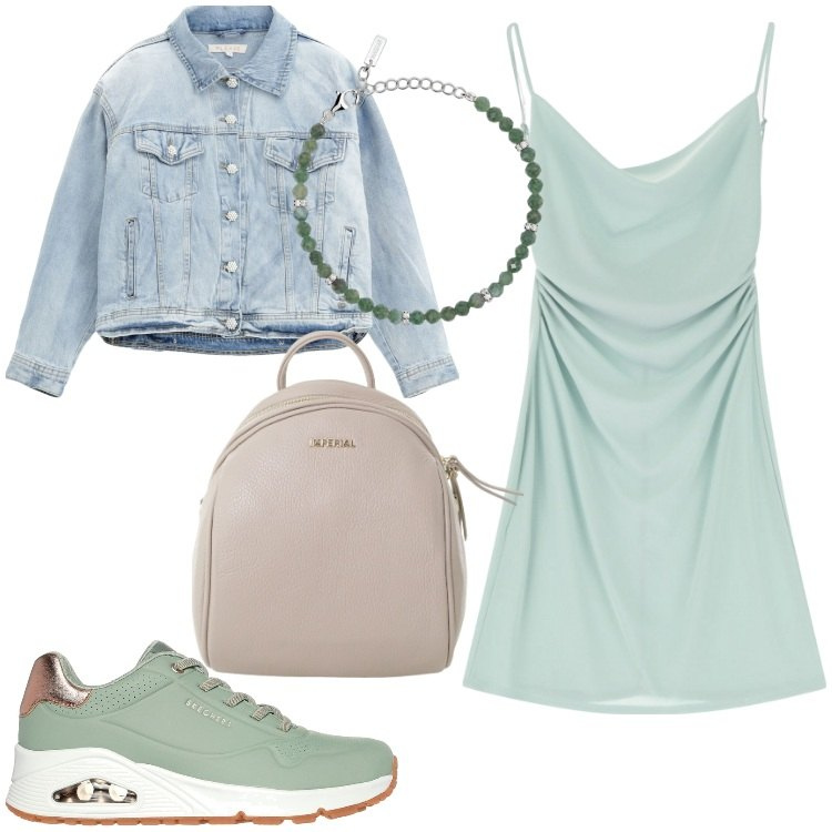 Outfit donna - Verde menta. Stile Sporty chic per Serata fuori. Abbinamento con braccialetti, vestiti corti, blazer, zaini, sneakers.
