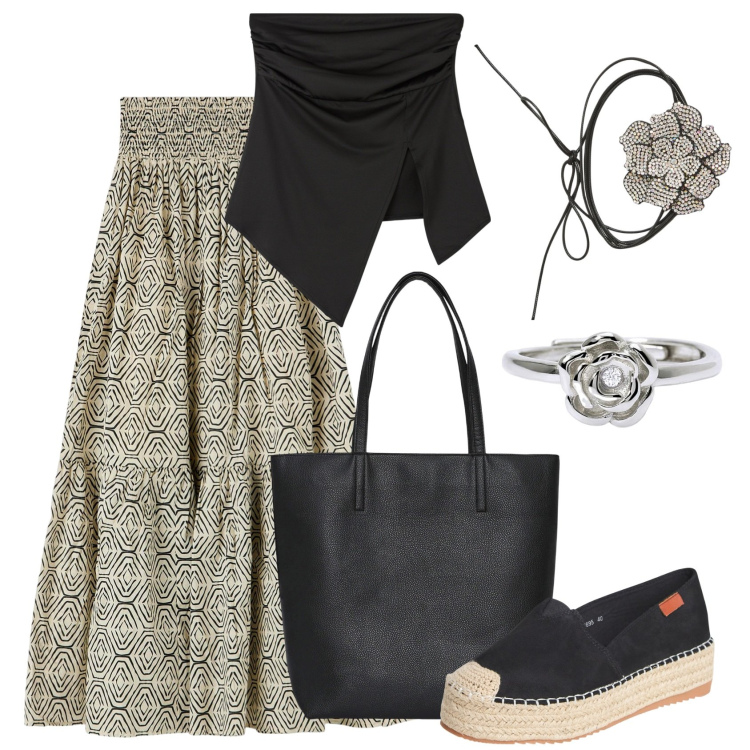 Outfit donna - Terranova vacanze italiane. Stile Trendy per Tutti i giorni. Abbinamento con top, borse tote, gonne lunghe, espadrillas, collane, anelli.
