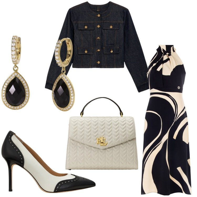 Outfit donna - Chic. Stile Chic per Cerimonia. Abbinamento con orecchini, vestiti midi/longuette, décolleté, borse a mano, blazer.