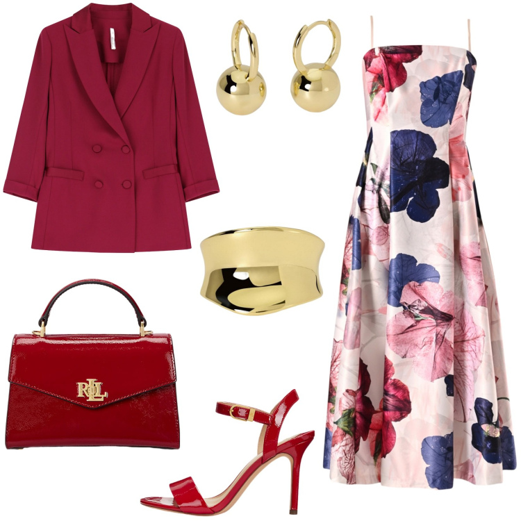 Outfit donna - L\'abito midi perfetto per una cerimonia. Stile Chic per Cerimonia. Abbinamento con anelli, orecchini, vestiti midi/longuette, blazer, sandali col tacco, borse a mano.
