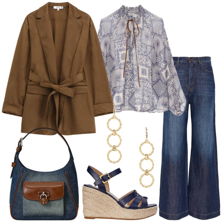 Outfit donna - In jeans. Stile Boho per Tutti i giorni. Abbinamento con blazer, bluse, borse a tracolla, espadrillas, orecchini, jeans.