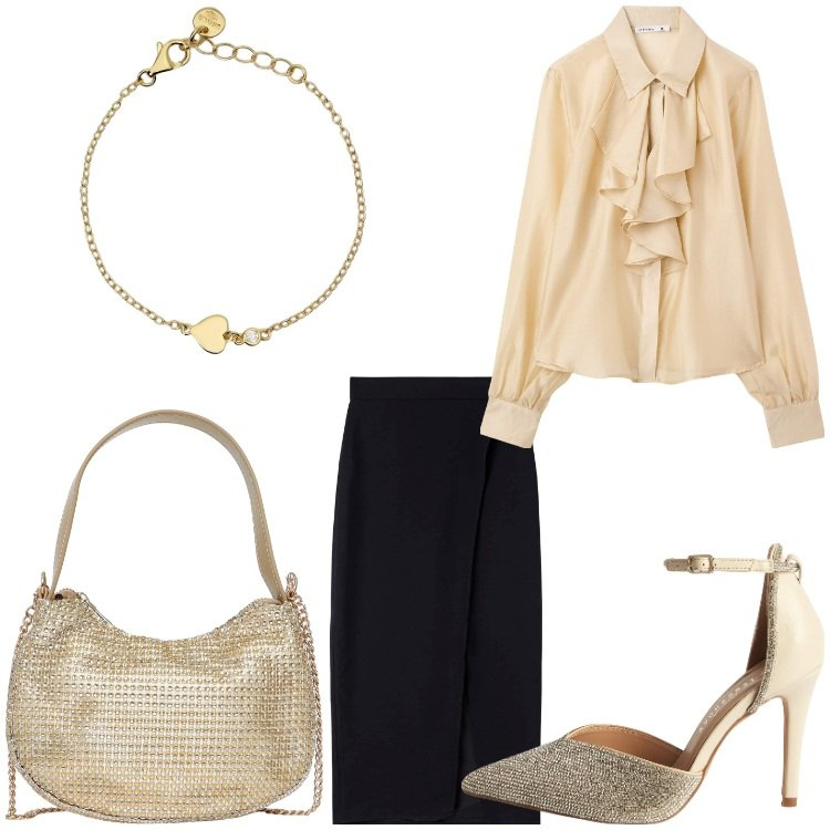 Outfit donna - Golden girl. Stile Chic per Cerimonia. Abbinamento con camicie, décolleté, gonne lunghe, borse a spalla, braccialetti.